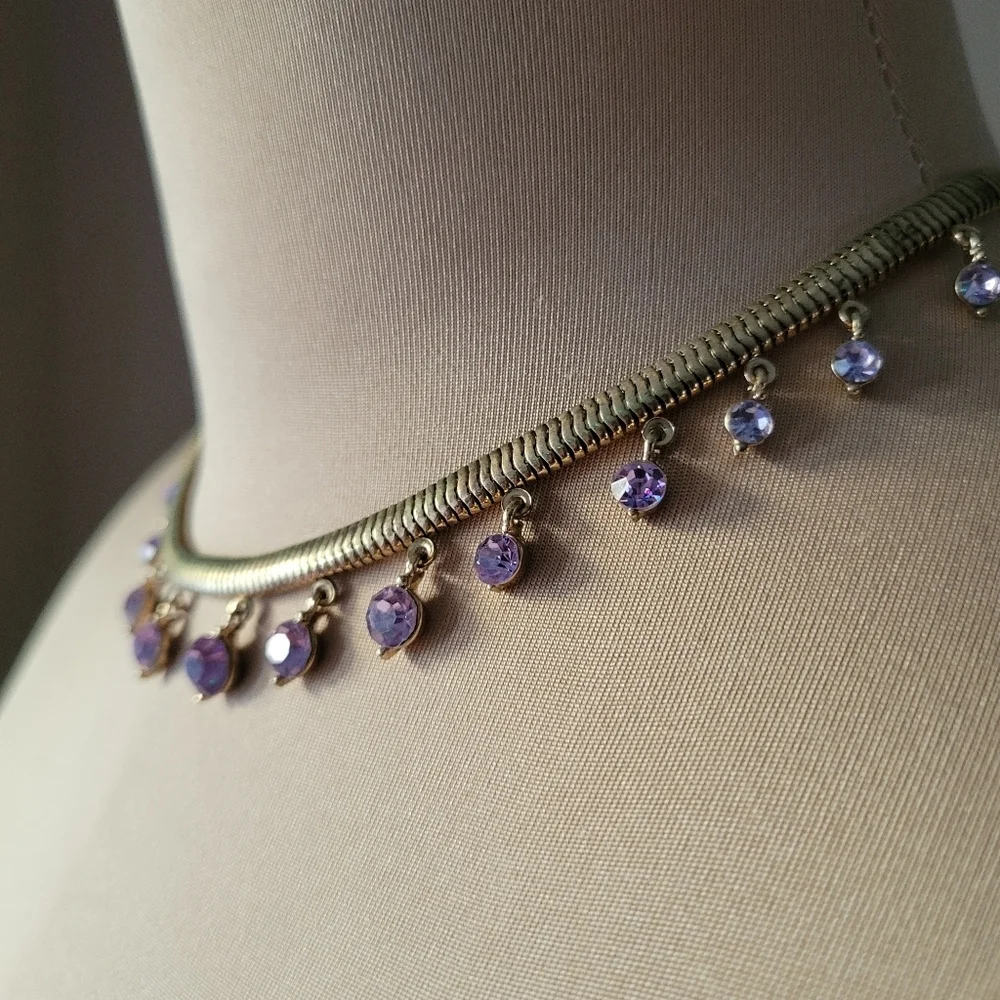 Stunning Gold Toned Choker Necklace with‎ Purple Crystal Drops